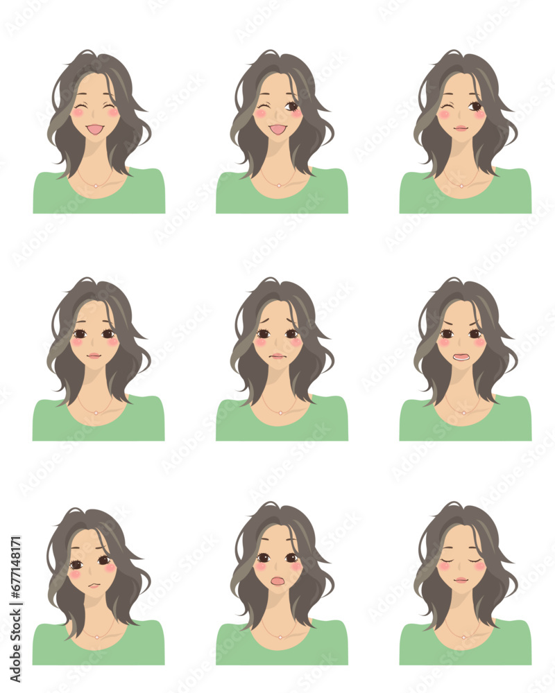 色々な表情をした女性のイラストセット3 色々な表情をした女性のイラストセット3