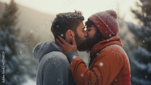 Gay love, non-traditional values and freedom of speech. Two young attractive guys hug and kiss in winter forest during a snowfall. Generative AI. photo