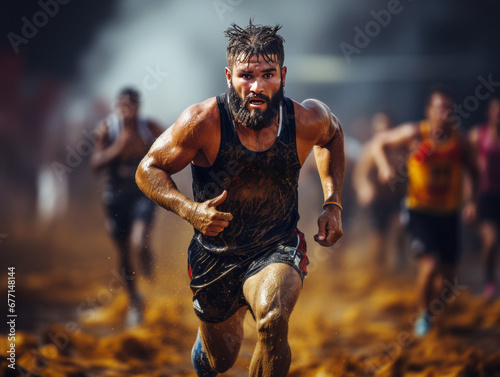 Muddy obstacle race runner in action Generative AI photo