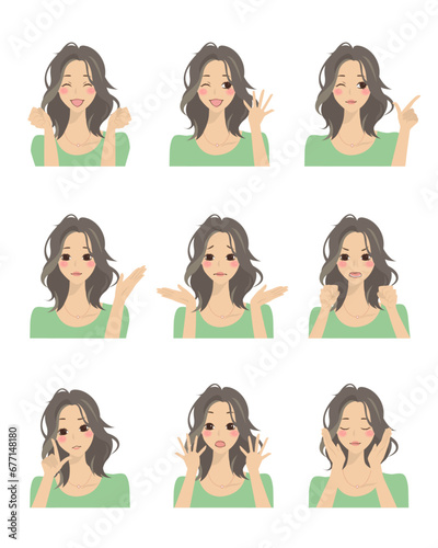 色々な表情をした女性のイラストセット3（仕草付き）