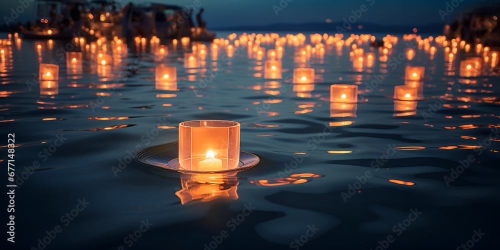 Paper lanterns representing spirits of the departed float on dark water during the Traditional