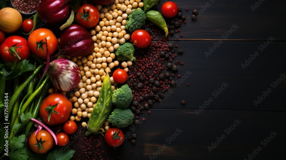 Vegetables and spices on table left on black wooden background Vegetables and spices on table left on black wooden background