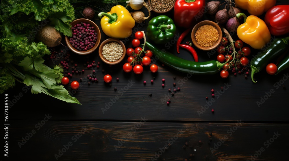 Vegetables chilies and spices on black wooden background