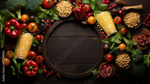 Vegetables, corns and spices on black wooden background beside the empty circle