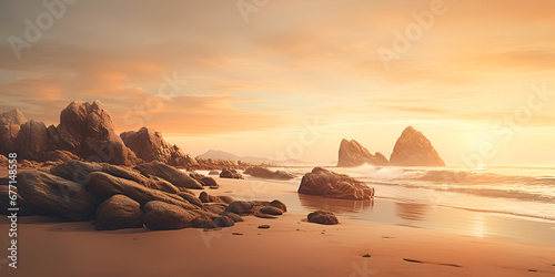 Twilight Beauty Rocky Cliffs Framing a Mesmerizing Sunset on the Beach background 
