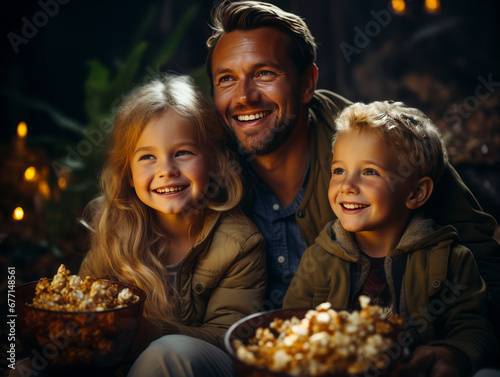 Family enjoying movie night with popcorn, Generative AI