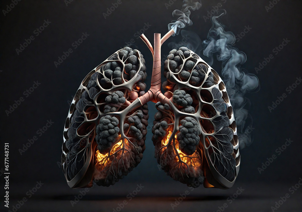 Human lungs with fire and smoke on black background. 3d illustration. medical concept - obrazy, fototapety, plakaty 
