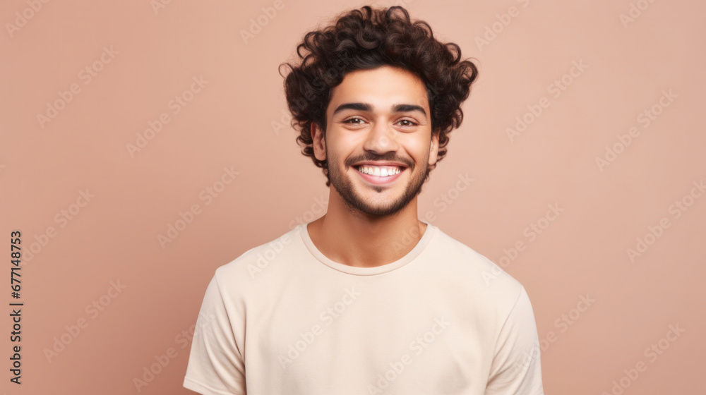Smiling young man with curly hair, neutral t-shirt on peach backdrop Smiling young man with curly hair, neutral t-shirt on peach backdrop
