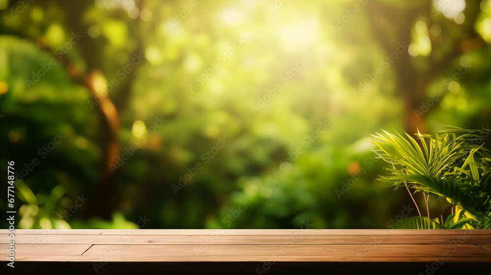 The empty wooden table top with blur background of forest . Exuberant image. soft focus background. copy space.
The empty wooden table top with blur background of forest . Exuberant image. soft focus background. copy space.