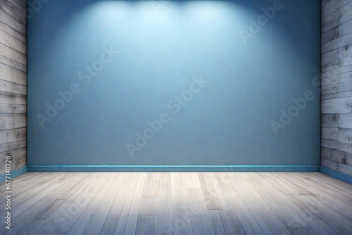 Blue empty wall and wooden floor with interesting light glare. Interior background for the presentation.