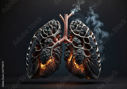Human lungs with fire and smoke on black background. 3d illustration. medical concept photo