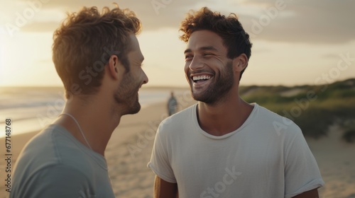 Gay love, non-traditional values and freedom of speech. Two young attractive guys are talking and smiling standing on the seashore in summer. Generative AI. photo
