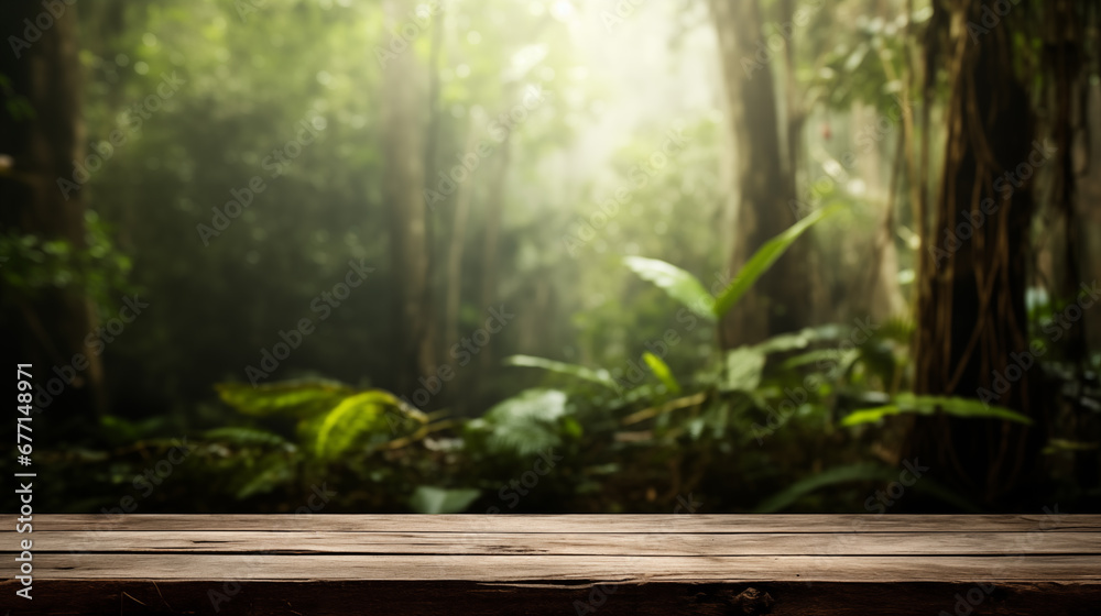 The empty wooden table top with blur background of forest . Exuberant image. soft focus background. copy space.
