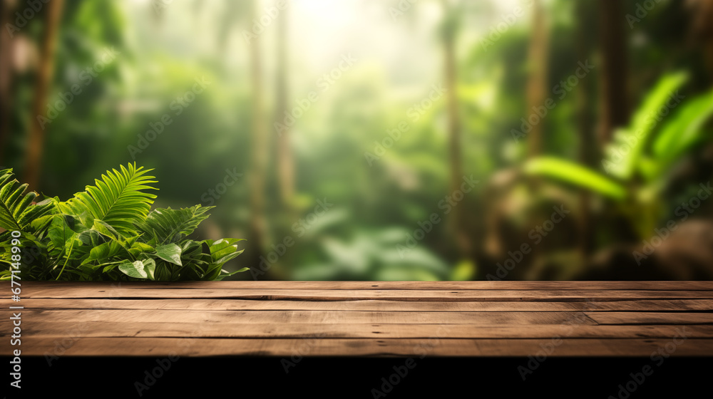 The empty wooden table top with blur background of forest . Exuberant image with empty rustic wooden table for mockup product display. soft focus background. copy space. The empty wooden table top with blur background of forest . Exuberant image with empty rustic wooden table for mockup product display. soft focus background. copy space.