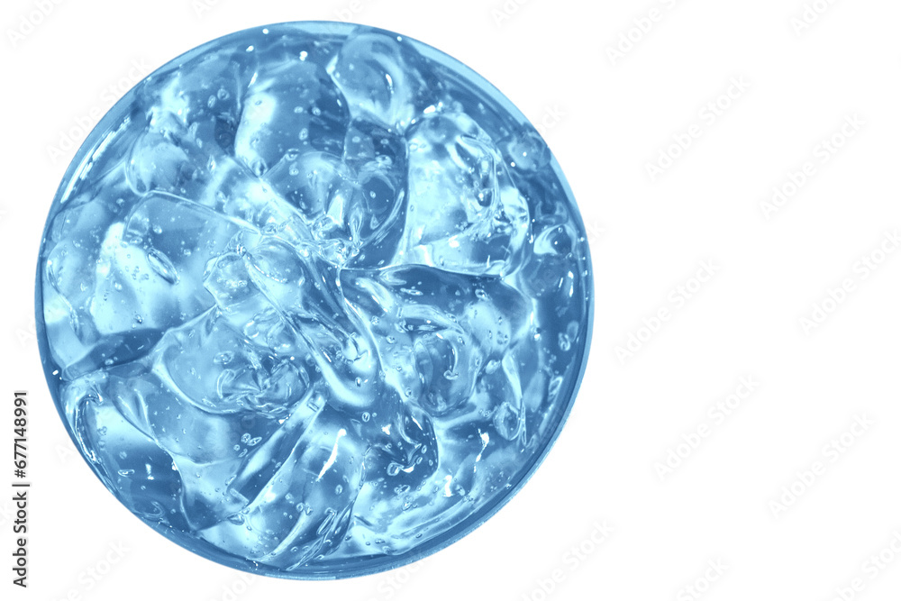 Transparent blue cosmetic gel in a round jar. View from above. On an empty background.