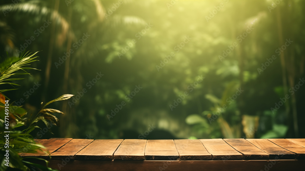 The empty wooden table top with blur background of forest . Exuberant image with empty rustic wooden table for mockup product display. soft focus background. copy space. - obrazy, fototapety, plakaty 