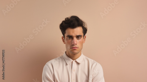 Serious young man with a modern hairstyle in a pastel shirt