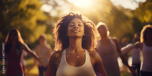 Portrait of beautiful african american woman smiling while practicing yoga in park