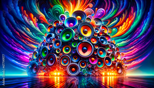 Vibrant image showcasing an array of colorful audio speakers creating a surreal, psychedelic vortex against a dark, cosmic backdrop.Generative AI photo