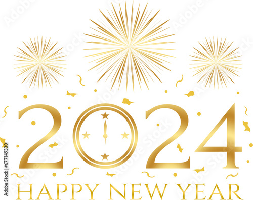 happy new year 2024 - gold design, gold fireworks, confeti, PNG with no background