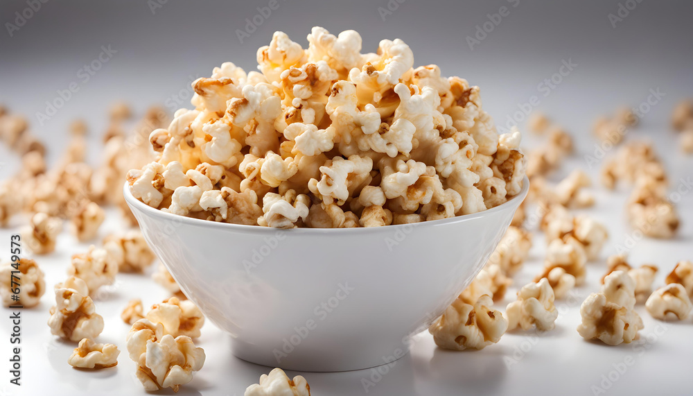 Popcorn in white bowl isolated on white background,