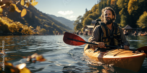 Adventurous man kayaking on a vibrant autumn river. Generative AI © Who is Danny