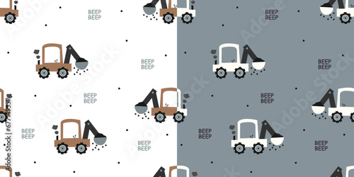 Cartoon vehicles vector seamless pattern, cute kids bulldozer fabric pattern