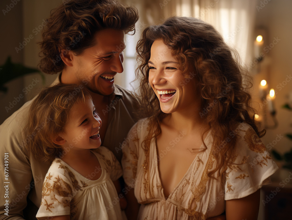 Fototapeta premium Family smiling together in a cozy home setting, Generative AI