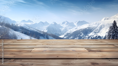 Winter snow landscape and empty rustic wooden table with snow on top. Xmas winter background. Christmas card.