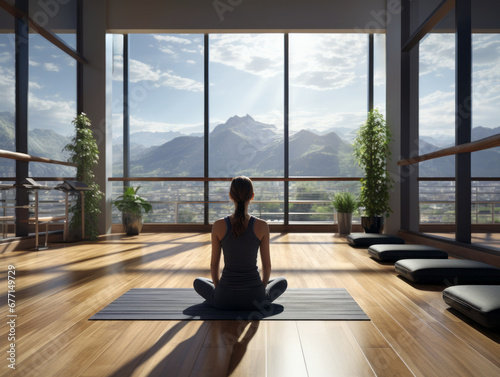 Tranquil yoga session with a panoramic mountain view. Generative AI