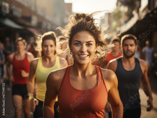 Confident female runner leading the pack on a busy street. Generative AI