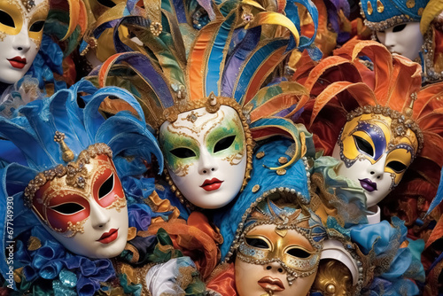 background made of traditional venetian carnival masks. Generative Ai