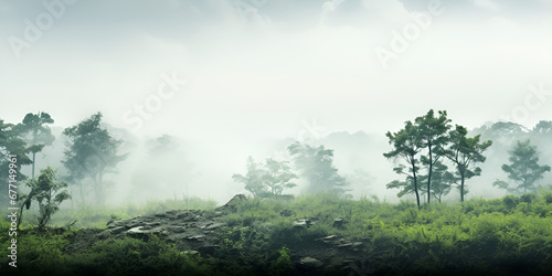 Landscape of fog and mountain,Sunrise over a foggy lake early morning on the river sunrise and mist over water and trees with reflections on the river bank  © muneeb