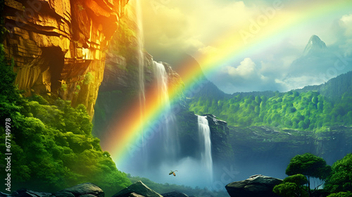 A waterfall in a forest with a rainbow in the background Waterfall amidst Enchanting Forest with a Mesmerising Rainbow 