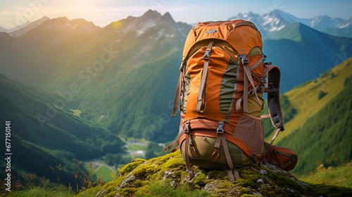 Climbing equipment set against a stunning mountain ,Hiking backpack in mountains Brown travel bag in nature with copy space Hike adventure tourism concept
 photo