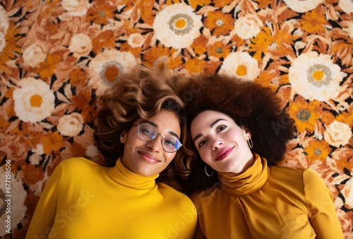 two female friends lying on a carpet in a circle with their hair, yellow and brown, object portraiture specialist, bold colorism photo