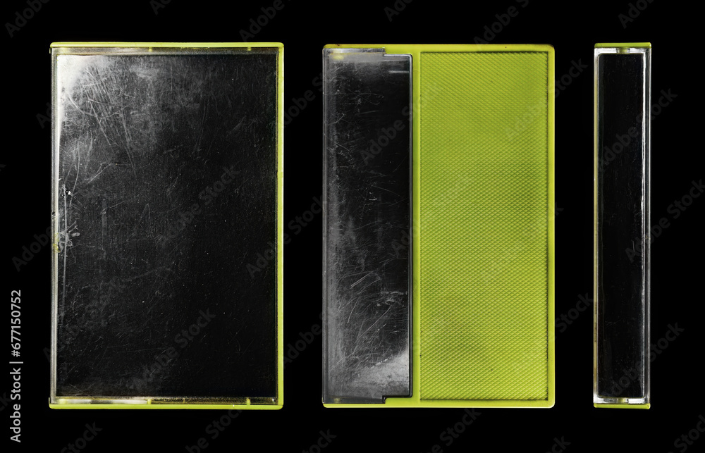 Colored cassette tape mockup set. used and full of scratches cassete tape case isolated - obrazy, fototapety, plakaty 