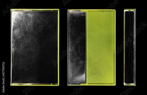 Colored cassette tape mockup set. used and full of scratches cassete tape case isolated