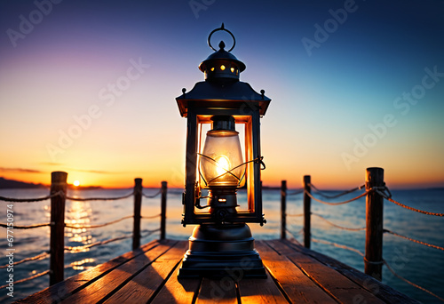 Lantern on wooden pier at s...