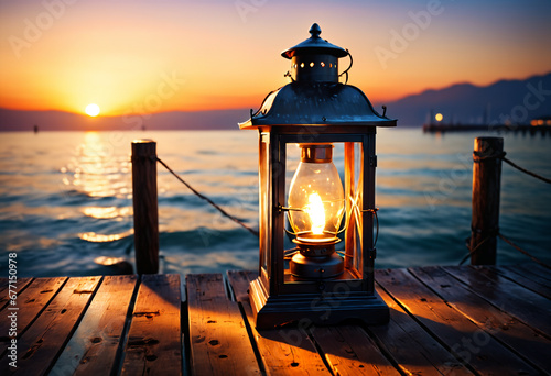 Lantern on wooden pier at s...
