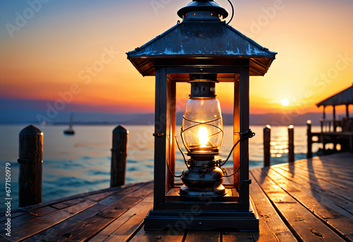 Lantern on wooden pier at s...