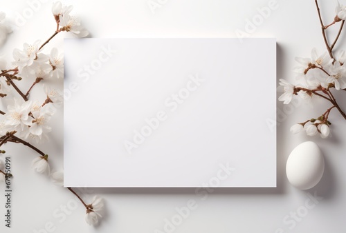 white blank board with flowers and easter eggs on white surface, card with empty space, printed matter, pigeoncore, synthetism-inspired photo