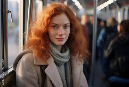 woman in public transportation ready to take a ride, light gray and amber, timeless beauty, eco-friendly craftsmanship