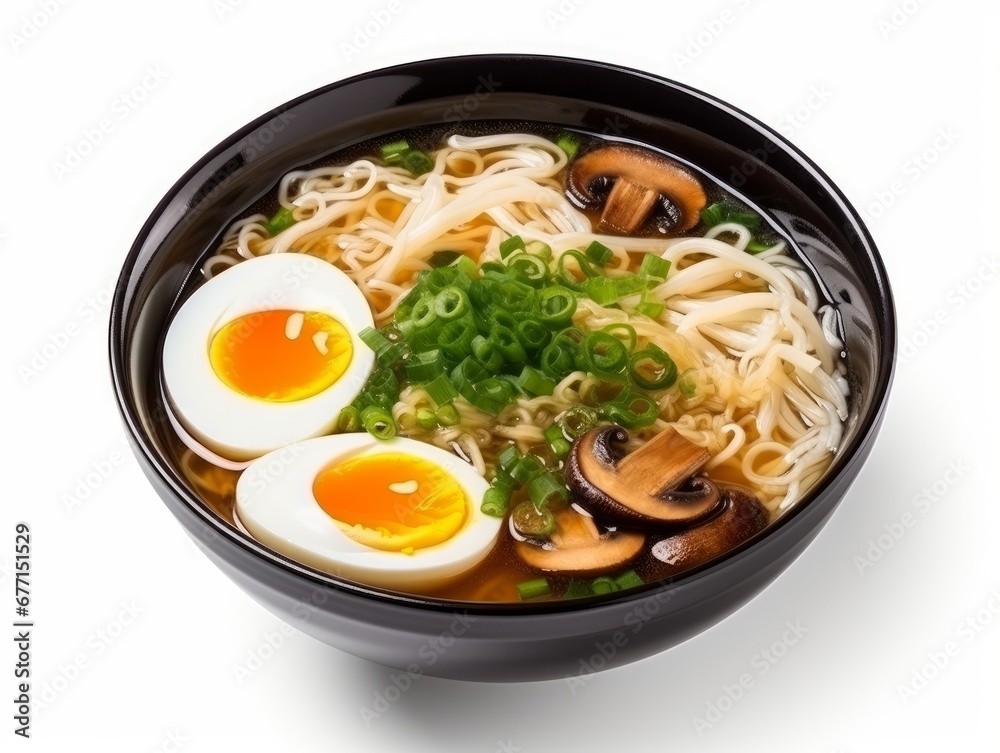Ramen soup with mushrooms and eggs isolated on a white background Ramen soup with mushrooms and eggs isolated on a white background