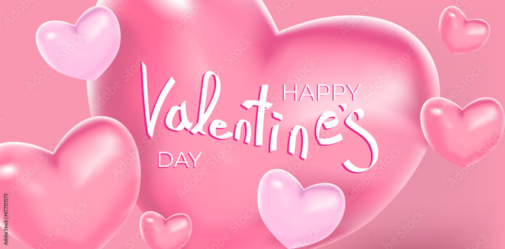 Vector banner for Valentine's day. Pastel pink and red 3D heart shape frame design and lettering with congrats. Simple, minimalistic, holidaybackground.