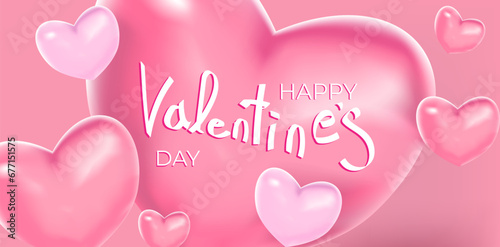 Vector banner for Valentine's day. Pastel pink and red 3D heart shape frame design and lettering with congrats. Simple, minimalistic, holidaybackground.
