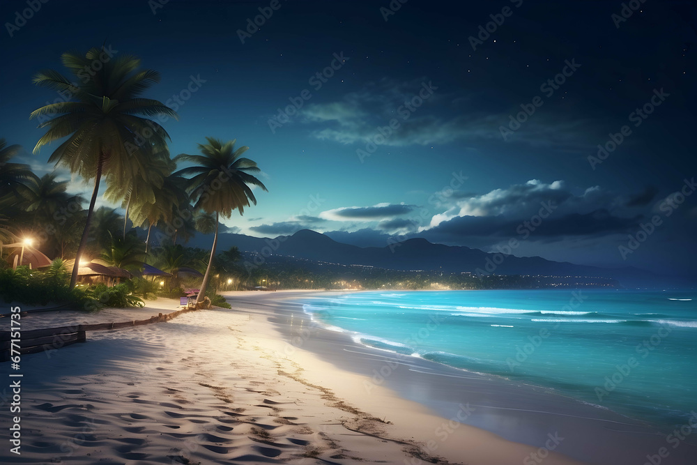 Beach with clouds and palm trees at night