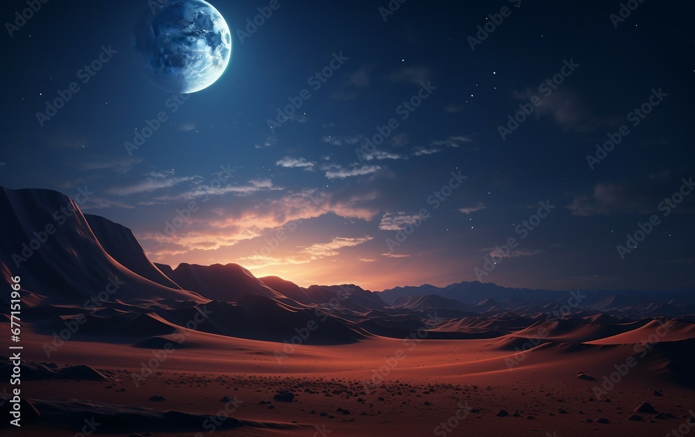 A Desert's Nocturnal Calm Under the Moon's Glow.