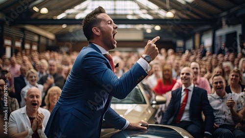 An auctioneer conducting a live car auction, showcasing the excitement and competitive nature of bidding photo