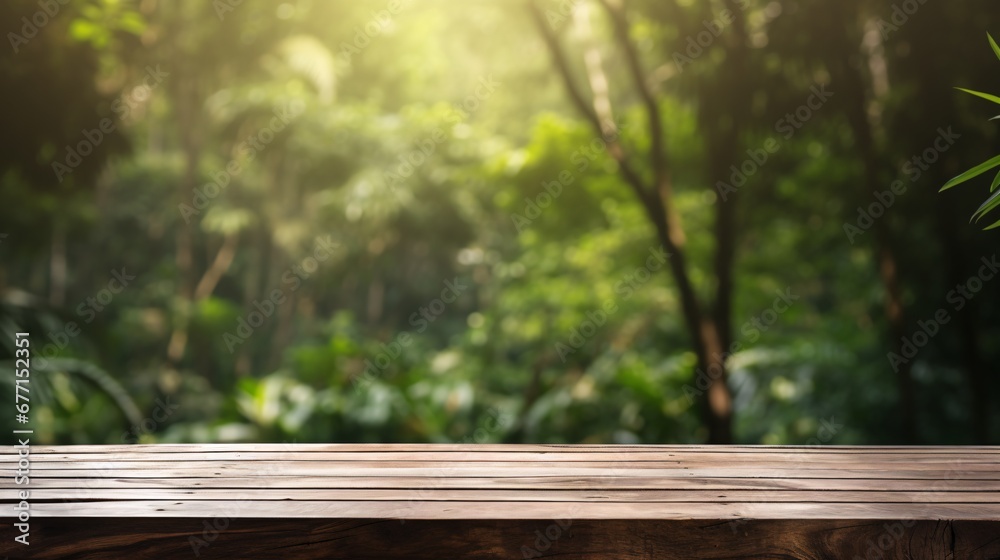 wooden table set in a jungle in landscape background, light green and dark brown, bokeh panorama, barbizon school. Empty space for message. background banner wooden table set in a jungle in landscape background, light green and dark brown, bokeh panorama, barbizon school. Empty space for message. background banner